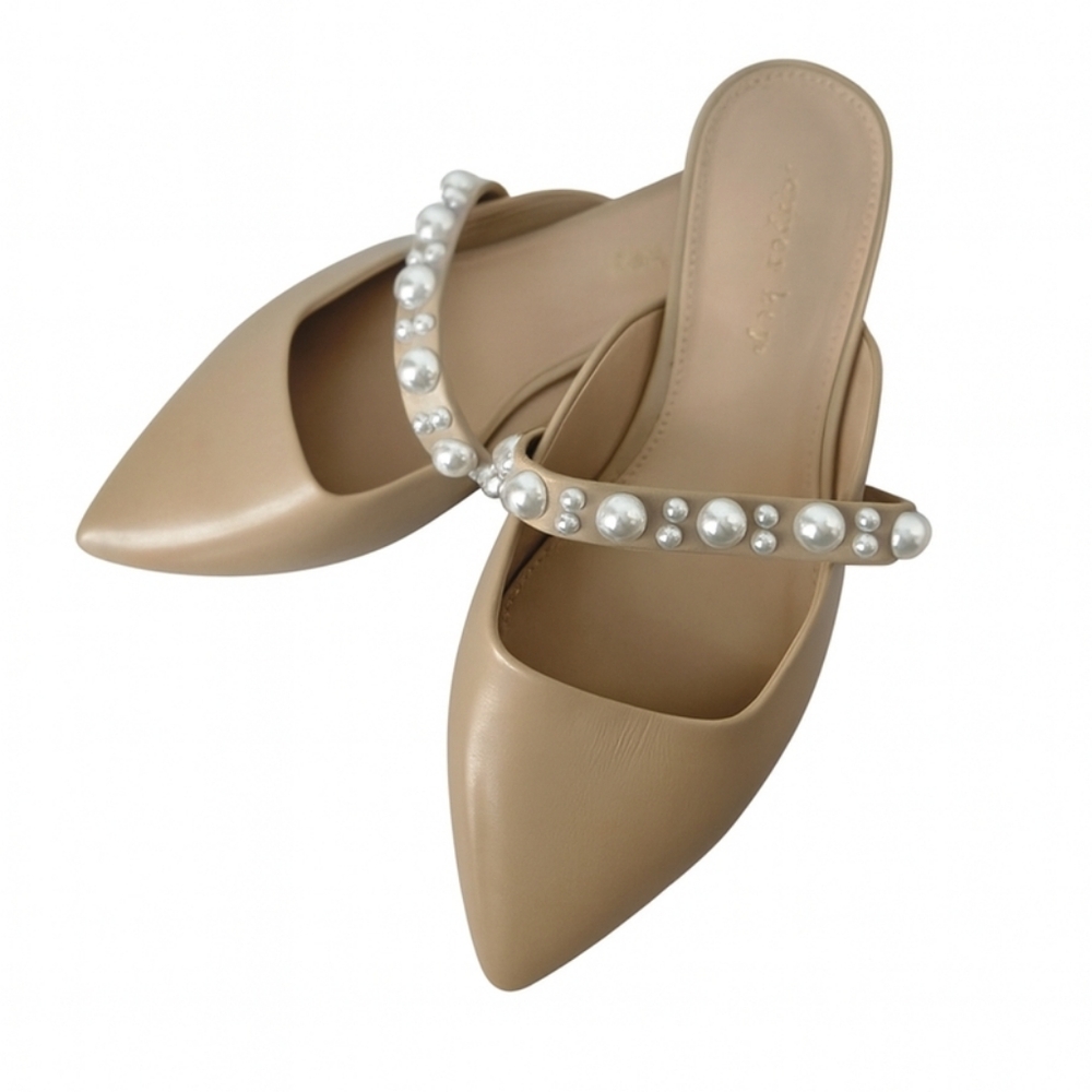 Copper Key Nude Pearl Strap Pointed Toe Mule Heels Women's Size 6
